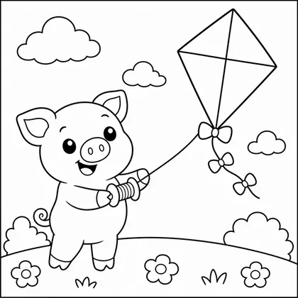 Dibujo de cerdito con cometa para colorear