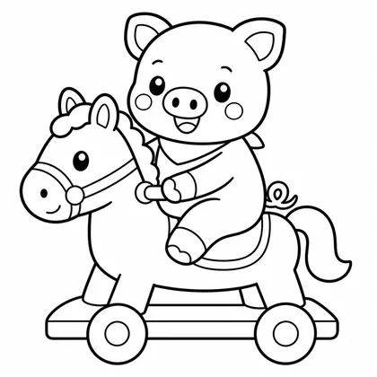 Dibujo de cerdito con caballo de juguete para colorear