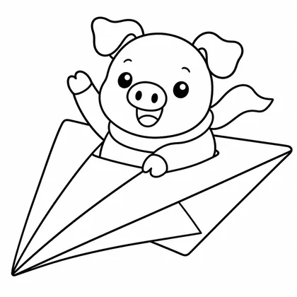 Dibujo de cerdito con avión de papel para colorear