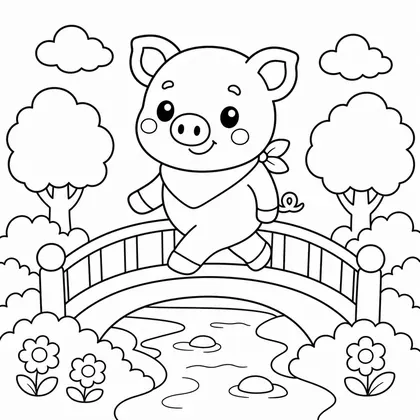 Dibujo de cerdito con puente para colorear