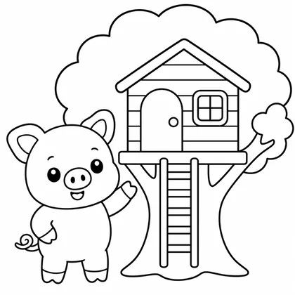 Dibujo de cerdito con casa árbol para colorear