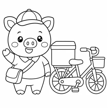 Dibujo de cerdito con bicicleta de reparto para colorear