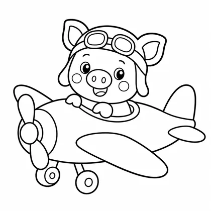 Dibujo de cerdito con avión para colorear