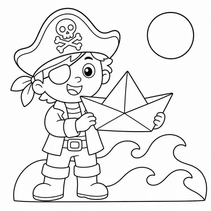 Dibujo de pirata con barco de papel para colorear