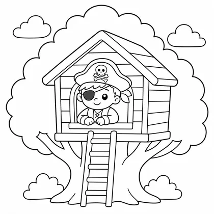 Dibujo de pirata en casa del árbol para colorear