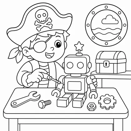 Dibujo de pirata construyendo un robot para colorear
