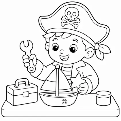Dibujo de pirata arreglando barco de juguete para colorear