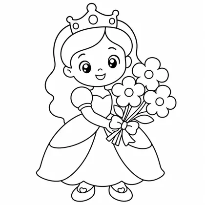 Dibujo de princesa con ramo de flores para colorear