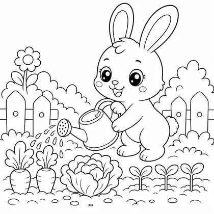 Rabbit watering flowers coloring page