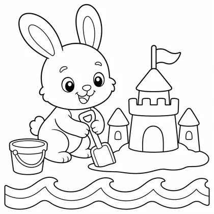 Dibujo de conejo con castillo de arena para colorear