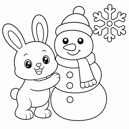 Dibujo de conejo con muñeco de nieve para colorear