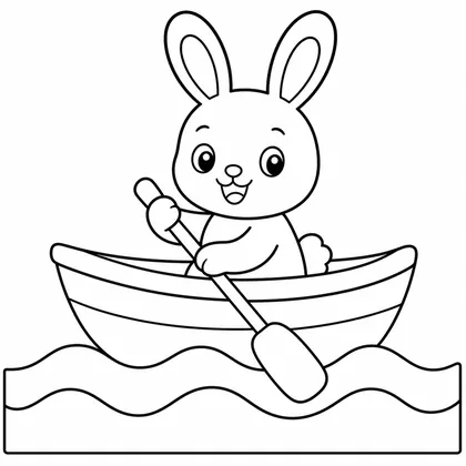 Dibujo de conejo remando en un bote para colorear