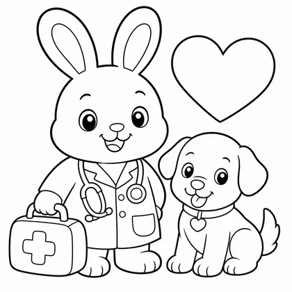 Dibujo de conejo veterinario con cachorro para colorear