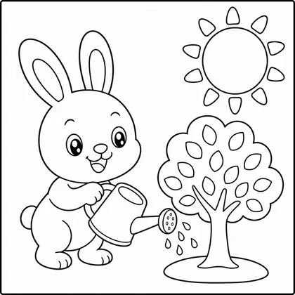 Dibujo de conejo regando un árbol para colorear