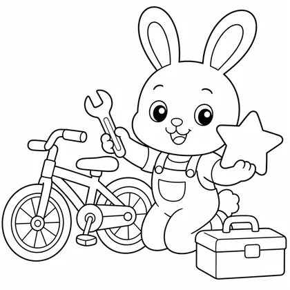 Dibujo de conejo arreglando bicicleta para colorear