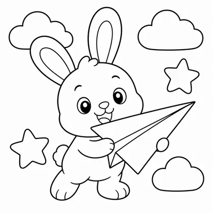 Dibujo de conejo volando avión de papel para colorear