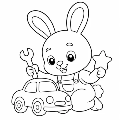 Dibujo de conejo arreglando coche de juguete para colorear