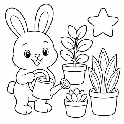 Dibujo de conejo regando plantas de casa para colorear