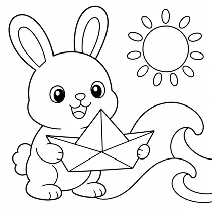Dibujo de conejo con barco de papel para colorear