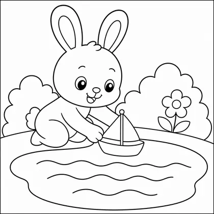 Dibujo de conejo lanzando un barquito para colorear