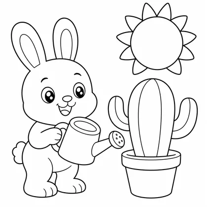 Dibujo de conejo regando un cactus para colorear