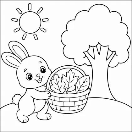 Dibujo de conejo recogiendo hojas para colorear