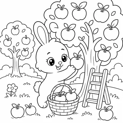 Rabbit picking apples coloring page