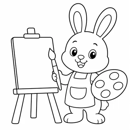 Dibujo de conejo pintando en caballete para colorear