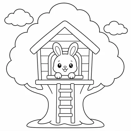 Dibujo de conejo en casa del árbol para colorear