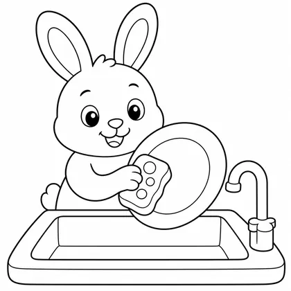 Dibujo de conejo lavando platos para colorear