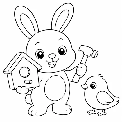 Dibujo de conejo construyendo casita de pájaro para colorear