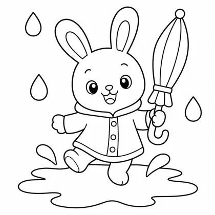 Dibujo de conejo con impermeable en la lluvia para colorear