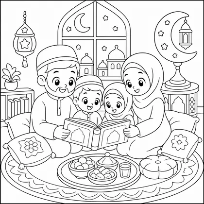 Dibujo de cuento de ramadan en familia para colorear