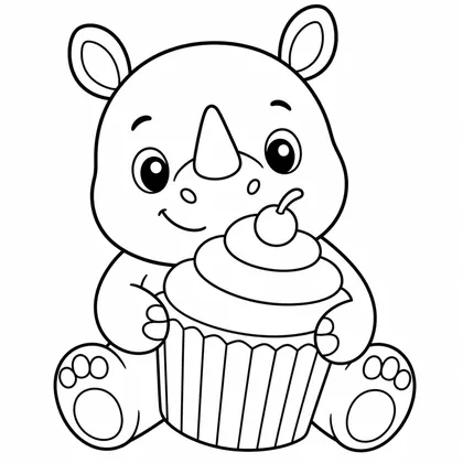 Dibujo de rinoceronte con cupcake para colorear