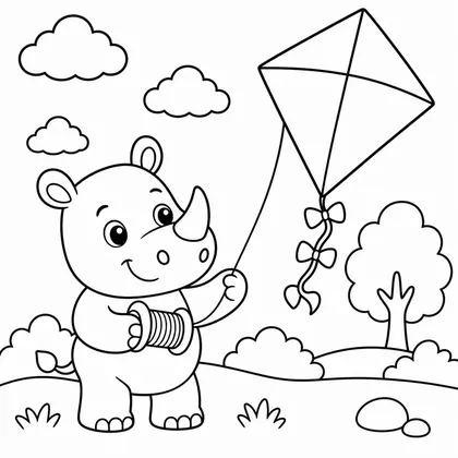 Dibujo de rinoceronte con cometa para colorear