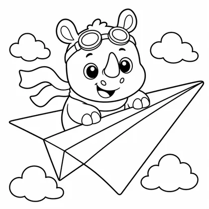 Dibujo de rinoceronte con avión de papel para colorear