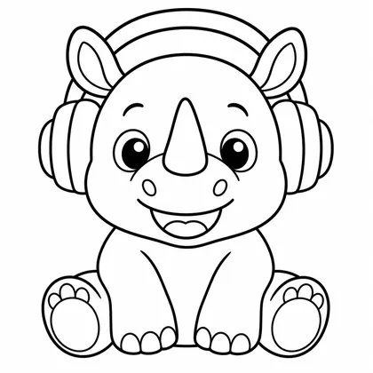 Dibujo de rinoceronte con auriculares para colorear