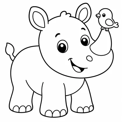 Dibujo de rinoceronte con pájaro para colorear