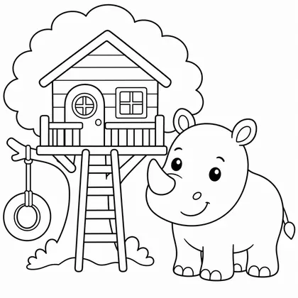Dibujo de rinoceronte con casa árbol para colorear