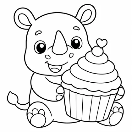 Dibujo de rinoceronte con cupcake especial para colorear