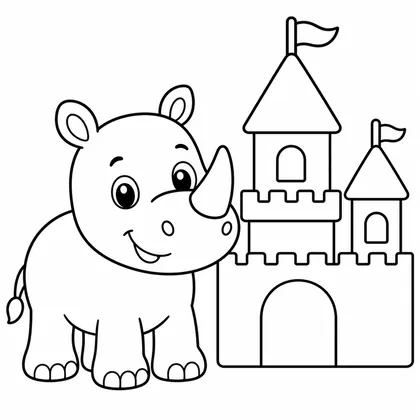 Dibujo de rinoceronte con castillo para colorear
