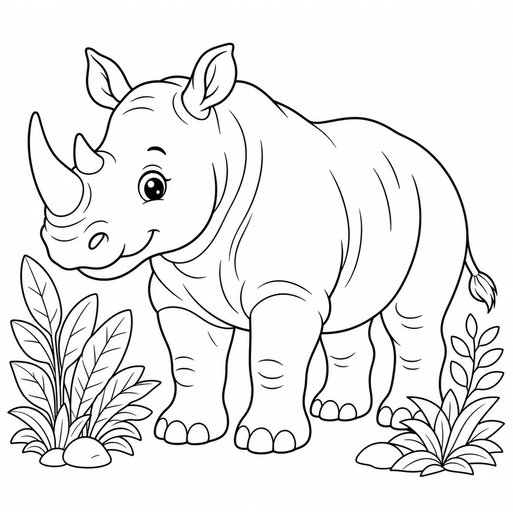 Coloriage : Rhinocéros avec des plantes