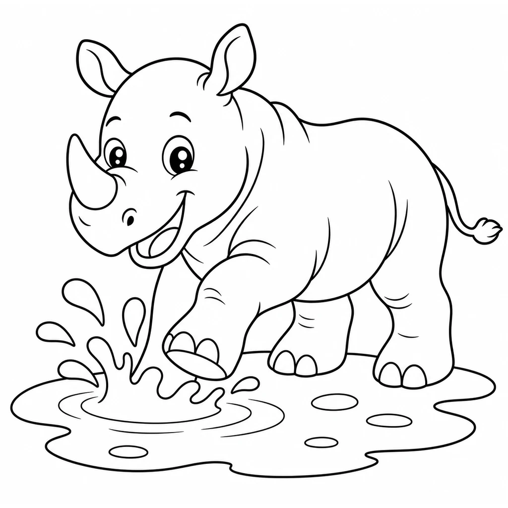 Coloriage : Rhinocéros qui joue dans une flaque