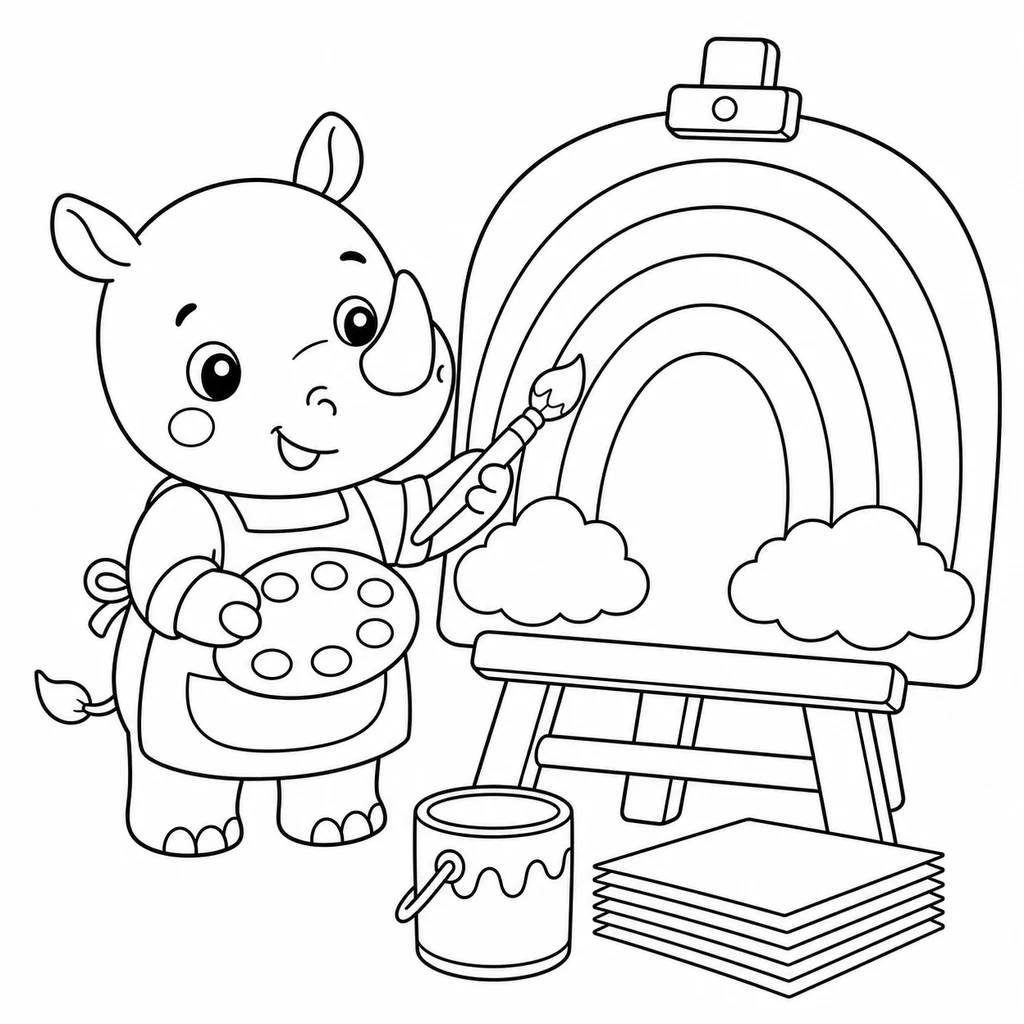 Coloriage : Rhinocéros qui peint un arc-en-ciel