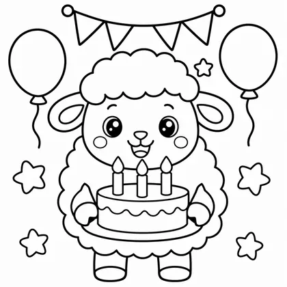 Dibujo de oveja con pastel de cumpleaños para colorear