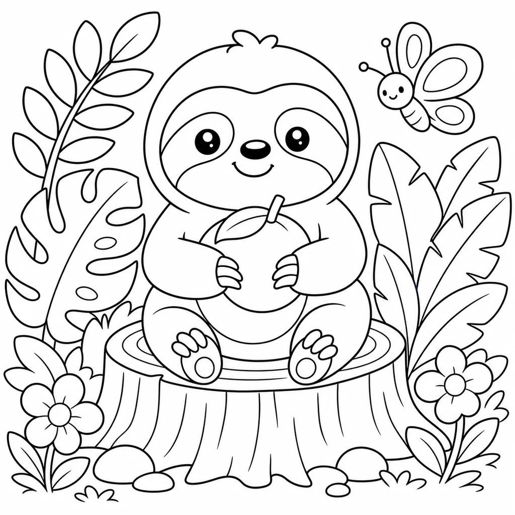 Coloriage : Paresseux avec une tasse dans la jungle