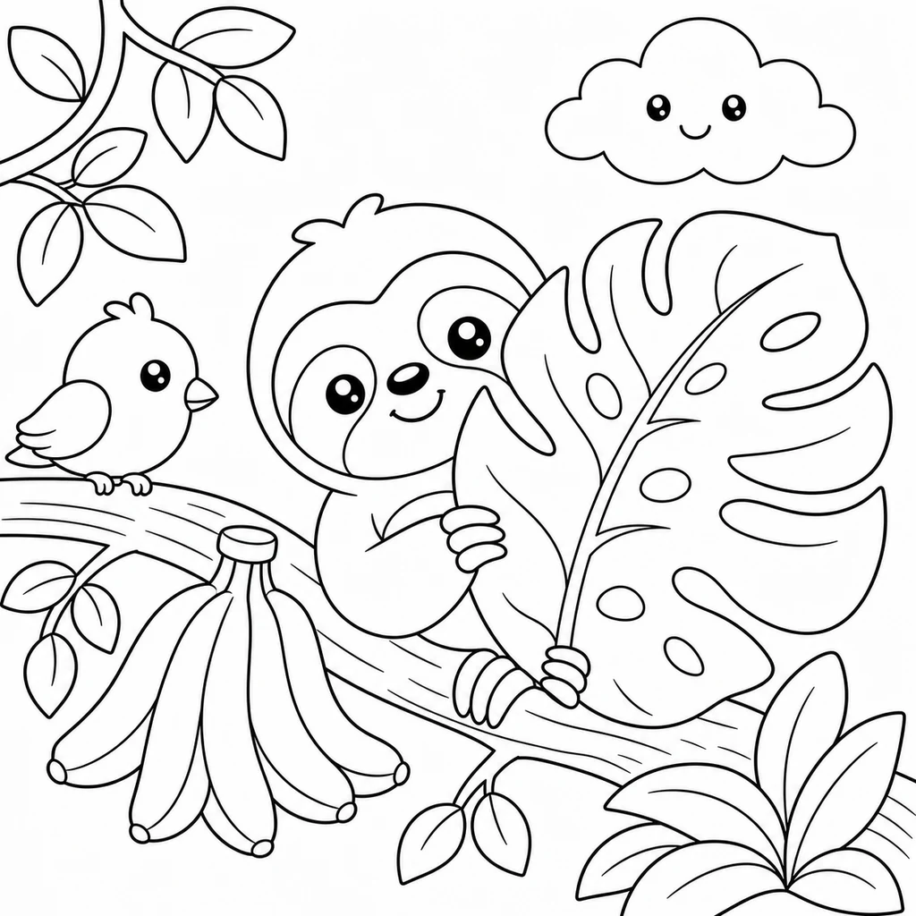 Coloriage : Paresseux avec de grandes feuilles