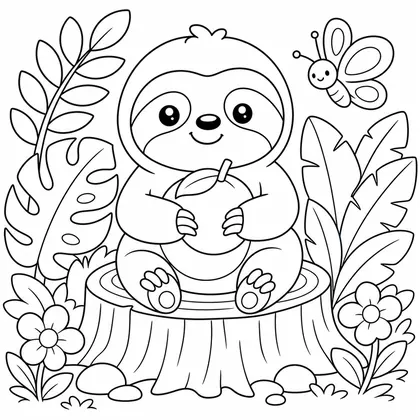 Sloth with a cup in the jungle coloring page