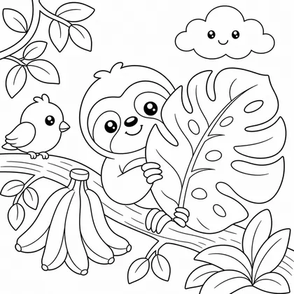 Two sloths with large leaves coloring page