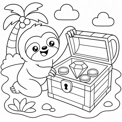 Dibujo de perezoso con cofre del tesoro para colorear